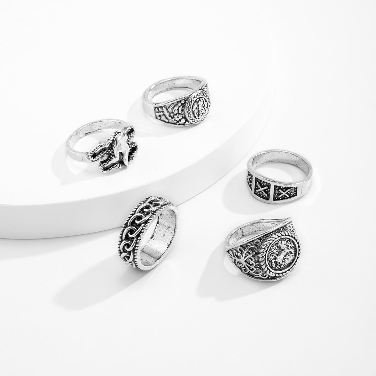 Wholesale Retro Totem Geometric Men's Metal Ring 5-Piece Set